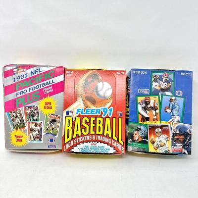 Set of Three Full Boxes of Wax Packs Player Cards -All from 1991- NFL Pro Football & Fleer Baseball