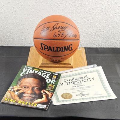 Bill Russell Autographed Basketball in Display Case w/ COA Plus Beckett Magazine Fall 2021 w/ Russell