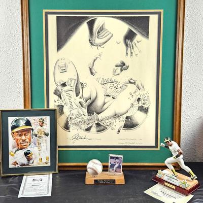 Autographed LE Lithograph Ricky Henderson (Athletics) Plus Baseball & Card and Signed 8 x 10 photo