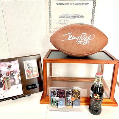  Jerry Rice Signed Football, Signed Topps All Pro Card on Plaque w/ Photo, Signed Coke, and 2 Cards in Stand