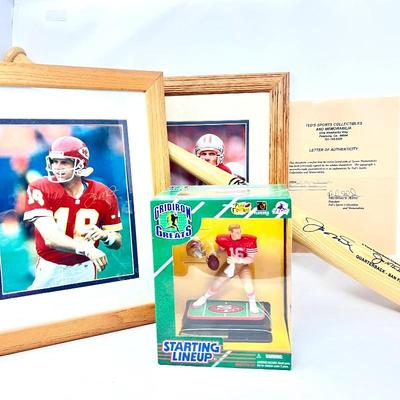 Unique Baseball Bat Signed by Joe Montana, Signed Photos, and Starting Lineup Football Player Figure of Joe