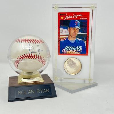 Pure 999 Fine Sterling Silver Nolan Ryan Baseball Medallion in a Display Case and Signed Ball in Display Case