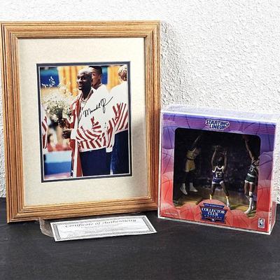 Michael Jordan Autographed 8x10 Color Photo w/ COA Plus Starting Lineup Basketball Player Figurines NIB