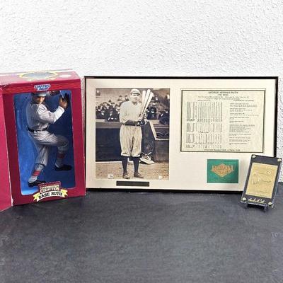 Babe Ruth Lot- 8x10 Photo on w/ Stats Chart Framed - Gold Trading Card in Clear Case - Starting Lineup - Baseball