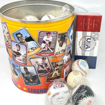 Large “Legends of Baseball” Popcorn Tin Full of Various Baseballs, Plus Sealed 25th Anniversary Cards