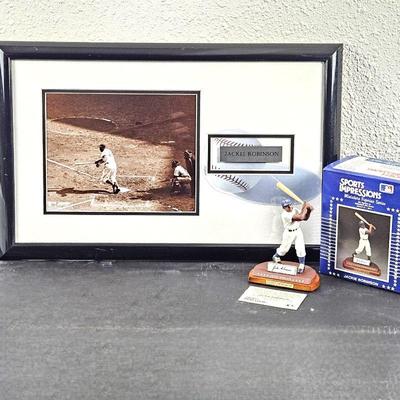 Jackie Robinson Framed 8x10 Photo on Tribute Print 22" x 14.5" Plus 6" Porcelain Figurine NIB