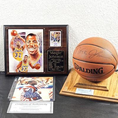 Magic Johnson Collectors plaque, Signed Basketball and signed 8 x 10 photo