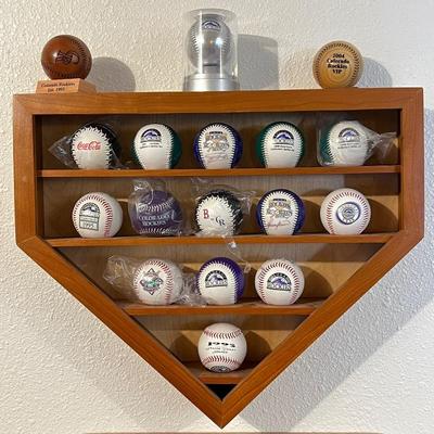 Unique Home Plate Wood Display Shelf with 17 Various Baseballs