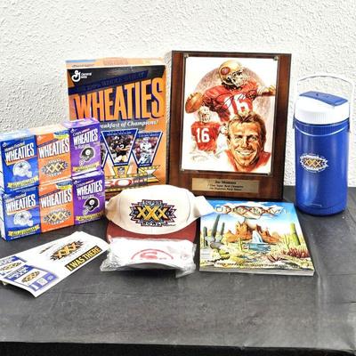 Superbowl XXX Football Lot- Signed Joe Montana Plaque, Wheaties, Limited Edition Superbowl Cap & More