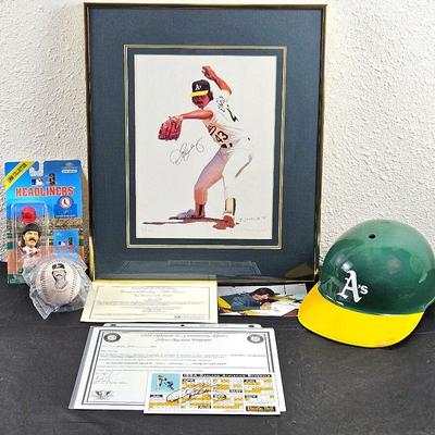 Dennis Eckersley Oakland A's Football Lot - Autographed Framed LE Lithograph Plus Autographed Magnet & More