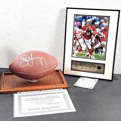 Autographed Color 8x10 Photo Of 49ers Steve Young w/ Stats - Plus Autographed Football in Display Case