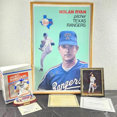 Large LE Lithograph of Baseball Player Nolan Ryan 506/2500 - Signed 8 x 10 Photo Plus Porcelain Figurine NIB