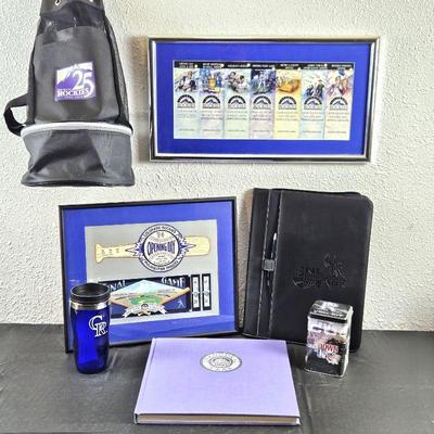 Colorado Rockies Baseball Fan's Lot - New Zippered Padfolio, Book, Coca Cola Tin, Cooler Backpack, Game Tickets