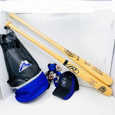 CO Rockies Baseball Memorabilia: Signed Garret Atkins Louisville Slugger & L.E. Rockies Client Batting Practice Bats