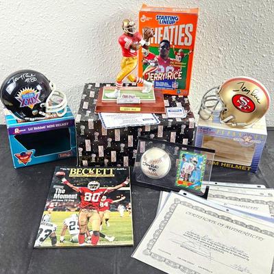 Jerry Rice Lot - Autographed Mini Football Helmets, Signed Beckett Magazine & Baseball Plus Wheaties Box
