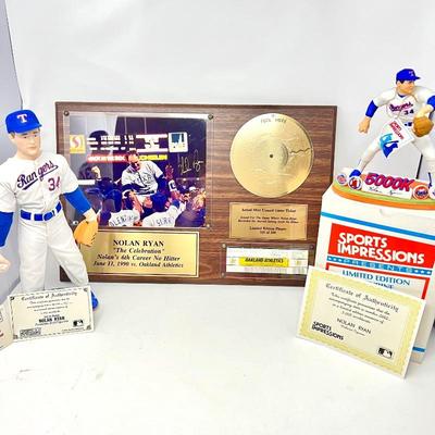 Nolan Ryan Wooden Plaque- Nolans 6th Career No Hitter and Actual Ticket from that Game, L.E. Porcelain Doll & Figure