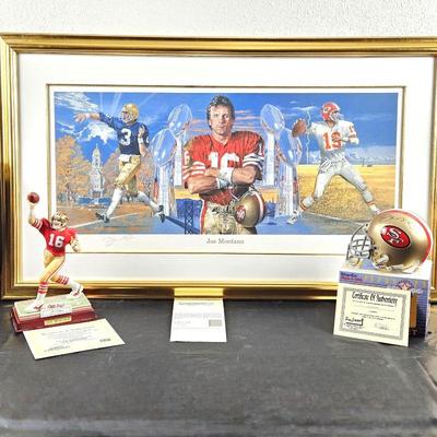Signed Joe Montana Framed LE Lithograph & Mini Helmet plus Sports Impressions Porcelain Figurine NIB