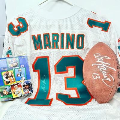 Signed Signed Marino Football and Jersey w/ a box of Fleer 1991 Football Wax Packs