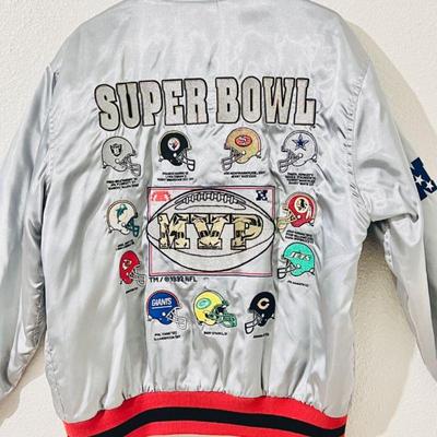 Rare Super Bowl Bomber Jacket, 1992 NFL Football Team Legends Silver Satin Varsity Jacket in XL