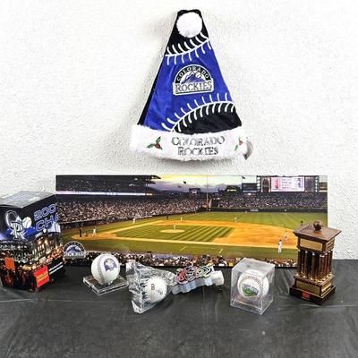  Colorado Rockies Baseball Lot - 3ft Long Glossy Panoramic Wall Photo, Asst. Baseballs, 2007 Trophy Figurine & More