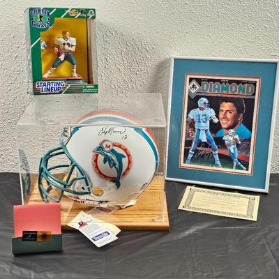 Full Size Riddell Miami Dolphins Autographed Dan Marino Football Helmet w/ COA plus Signed Magazine & Figurine