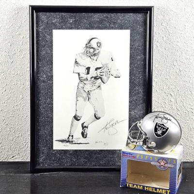  Ken Stabler Signed Lithograph by Joe Lee - Limited Edition / Signed Raiders Mini Football Helmet