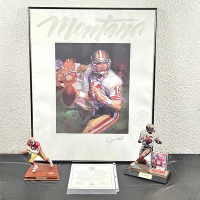 Football Player Joe Montana Signed & Framed Lithograph Limited Edition 1446/2500 - Plus Figurine & Trading Card