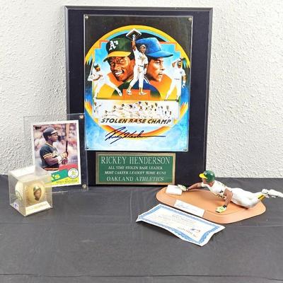 Rickey Henderson Oakland A's Lot - Signed Colorful Wall Plaque, Fun Figurine "Stealing Home" & More
