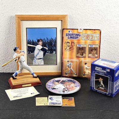 Mickey Mantle / Joe DiMaggio Baseball Lot- Mantle Gold Foil Trading Card, Signed 8 x 10, Figurines NIB, & More