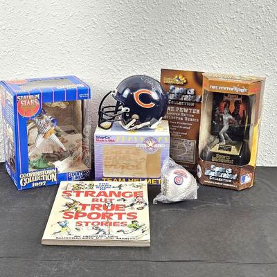  Chicago Football & Baseball Fans Lot - Gale Sayer's Signed Mini Helmet, Frank Thomas & Fergie Jenkins Figures