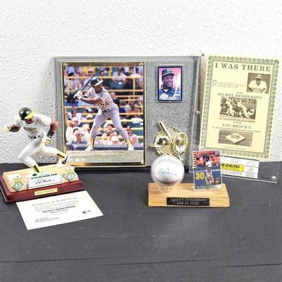 Rickey Henderson Oakland A's Lot -Signed Color Photo & Baseball Plus 9" Porcelain Figurine & "I was there" cert.