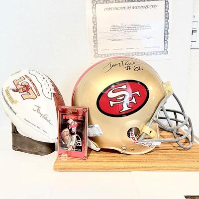 Jerry Rice Signed Football, Helmet, & Gold Card