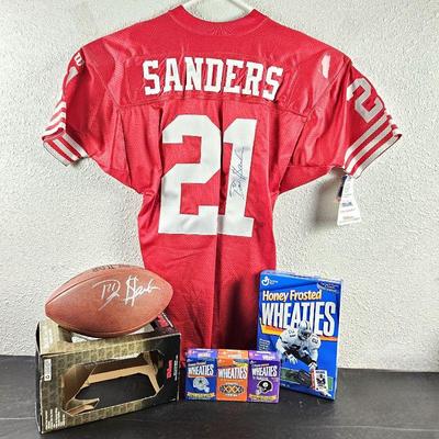  Deion Sanders "Prime Time" Lot Signed 49ers Jersey & Football - Plus Deion Sanders Wheaties unopened