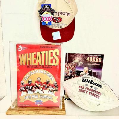 San Francisco 49'ers Super Bowl Football Signed by the team, 1985 Yearbook Signed by Coach Bill Walsh, Wheaties & Cap