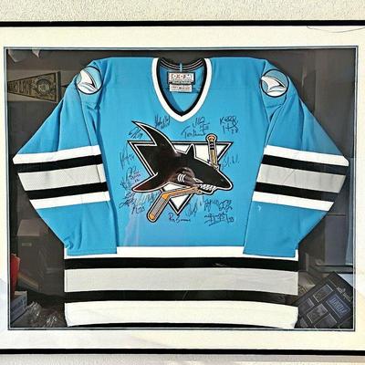 Large Team Signed San Jose Sharks Hockey Jersey - Includes Patrick Roy Signature - 48"w x 41"H