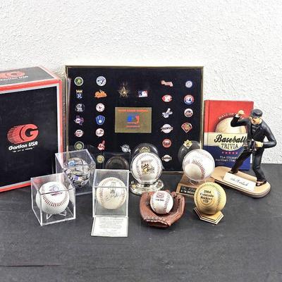 Baseball Lot- Al Barlick Figurine, 98' All star Ball, Assorted Baseballs, Framed LE MLB Team Pins Collector's Set