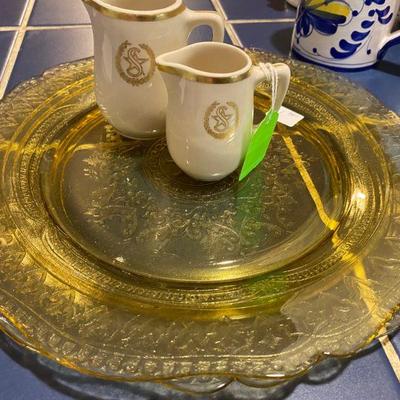 Yellow gold depression glass cake plates