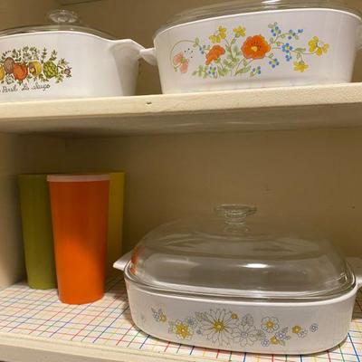 Corningware casserole dishes, La Marjolane, Spice of Life, Wildflower and Vintage Daisy