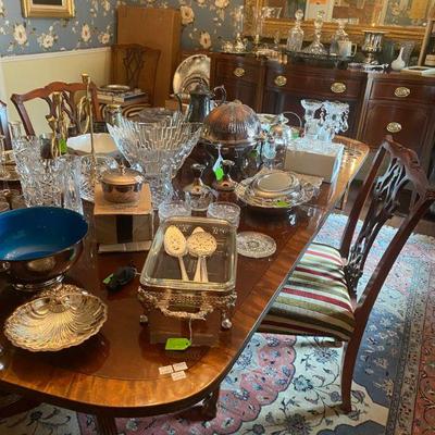 Dining room full of crystal, silver plate, 1939 Worlds Fair souvenir spoons and more