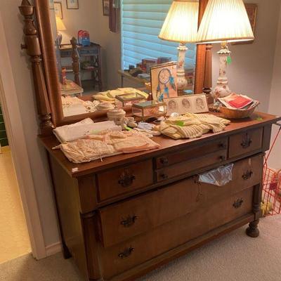 Pecan wood dresser with mirror, matches chest and bed