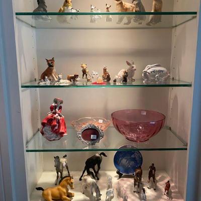 Murano glass bowl, Royal Daulton Top of the Hill porcelain figurine, small bunny, owl, cat, horse figurines