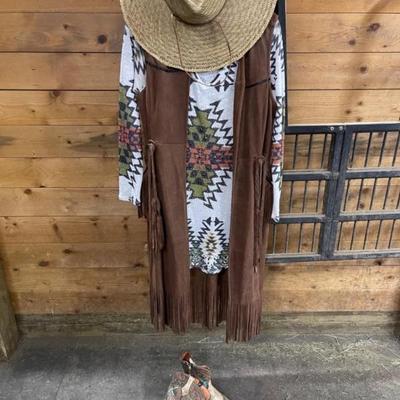 Suede Fringed Long Vest, Shirt, Hat and Size 10 Boots
