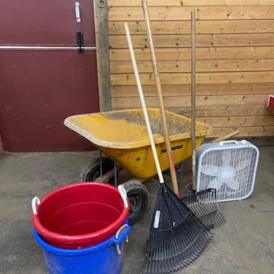 Wheelbarrow, Tools, Fan and Muck Buckets