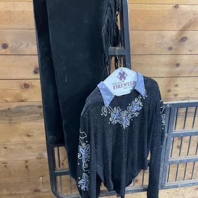 Black Suede Hobby Horse Fringed Show L Chaps and Western Shirt X-Large