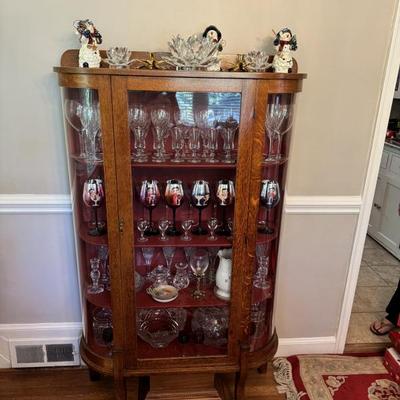 $295-China cabinet, 4 red shelves including bottom for displaying 59”H 38”L 12”depth