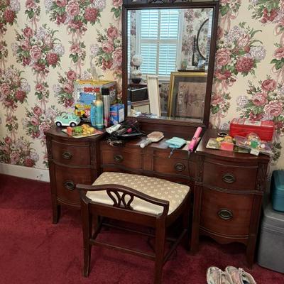 $150- small vanity with original hardware, dove tail, 6 drawers, 63"H 52"L 20"depth
