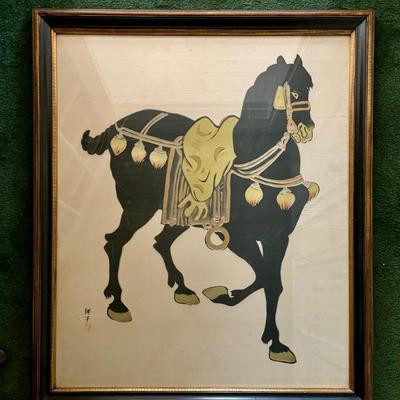 $225-Monumental Chinese war horse hand painted on silk. Custom framed under glass. Measures 40 inches tall and 34 inches wide.