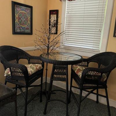 $175- 3-piece bistro patio set, table 40"H 28"diameter, chairs 43"H 29"L 28"depth 