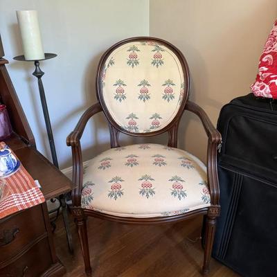 $110- pineapple upholstered chair with wooden arms 