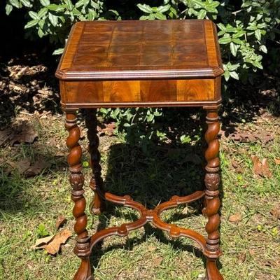 $295-Antique English Oyster Veneer Side Table. Measures 24” tall and the top is 15” square. Circa late 1800s to early 1900s.